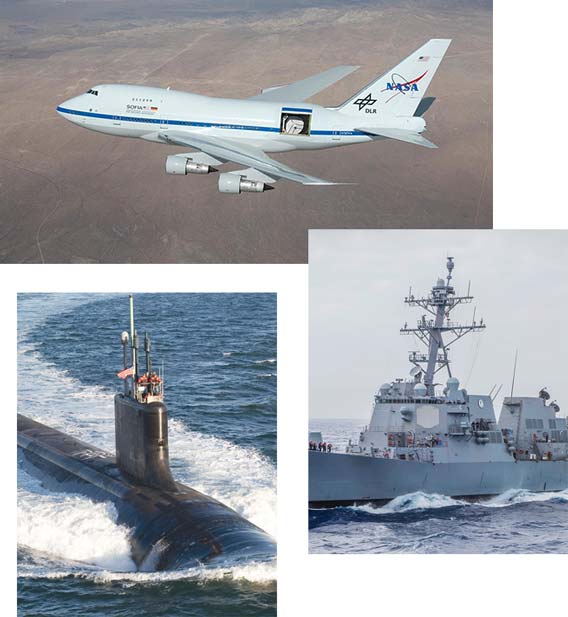 A photo collage representing applications for military and aerospace PDUs.