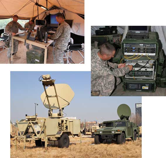 A photo collage representing applications for rugged PDUs in military vehicles, mobile camps, and other harsh environments.