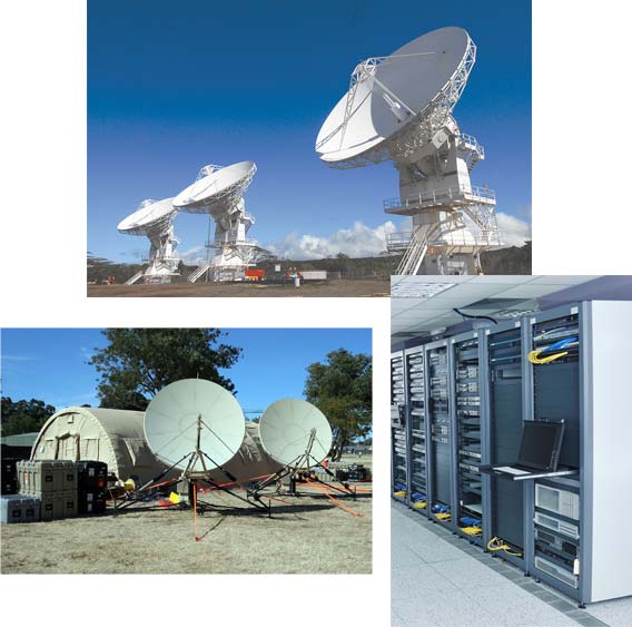 A photo collage representing applications for PDUs in satellite ground segment.
