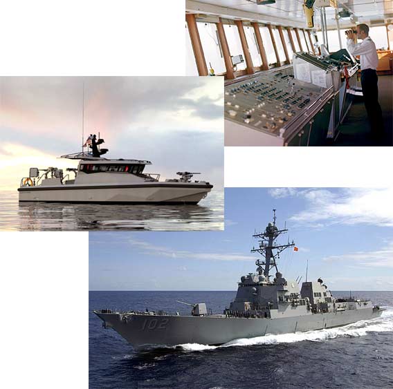 A photo collage representing applications for PDUs in military ships and submarines, non-military work boats, and pleasure craft.