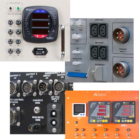 A collage of various connectors and controls used on industrial PDUs.