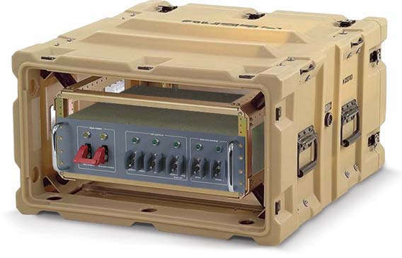 A photo of a military pdu in a small, rugged transit case.