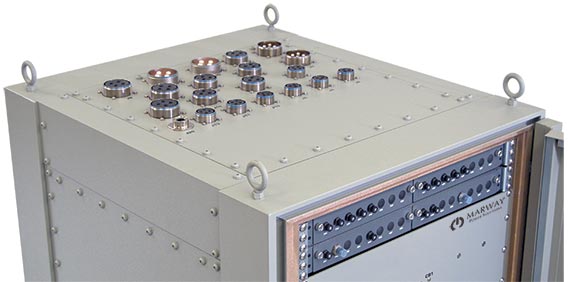 A photo of the top of a power distribution rack built for a navy shipboard application to withstand the shock and vibration of a combat application.