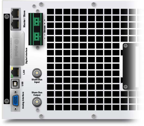 The back panel connectors of the mPower 411 2U dc power supplies showing the connectivity options.