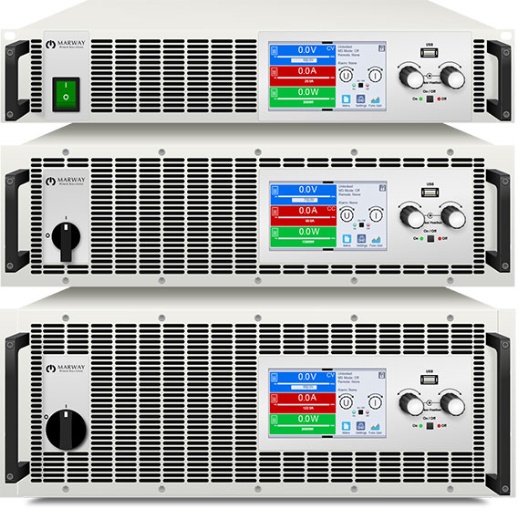 A photo of Marway mPower DC power supplies Series 300 and 311 model sizes available up to 30 kW.