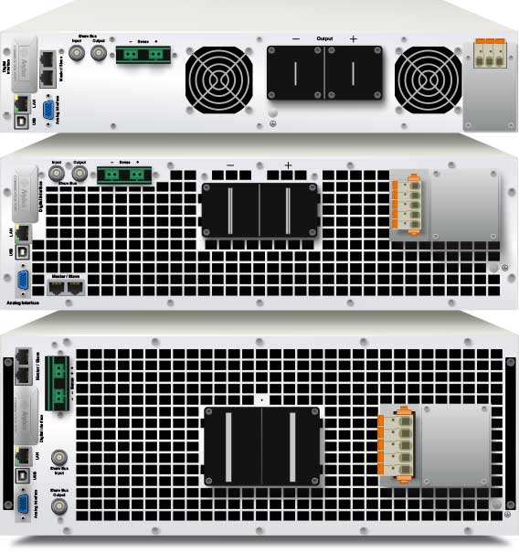 The back panels of four mPower dc power supplies.