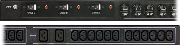 A cropped closeup of Optima 529/539 smart PDU outlets and breakers.