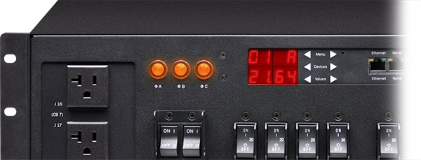 A cropped closeup of Marway's Optima 833 3U smart 3-phase 30 Amp PDU control panel.