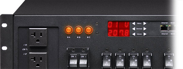 A cropped closeup of Marway's Optima 833 3U smart 3-phase 208v PDU control panel.