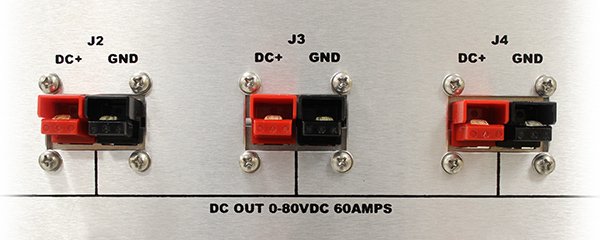 A closeup photo of high-current outlet connectors for a an 80 volt DC PDU.