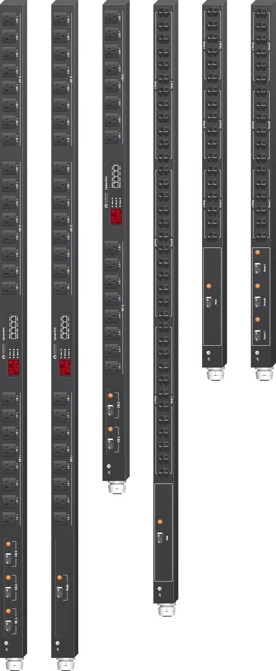 Marway 120 Vac PDUs in various vertical 0U basic and smart configurations.