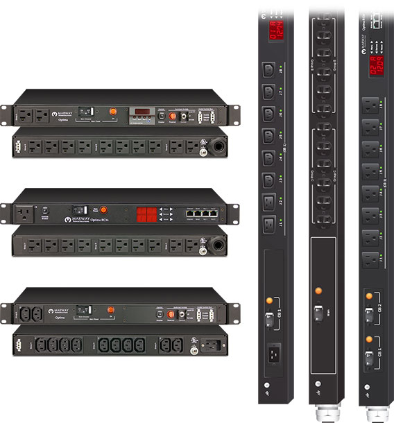 Product examples from the line of Optima single-phase standard industrial PDUs.