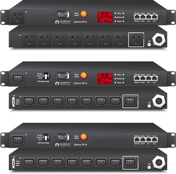 Product examples from the line of Marway's Optima 820 standard smart PDUs.