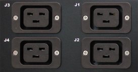 A cropped photo of IEC style outlets on a PDU.