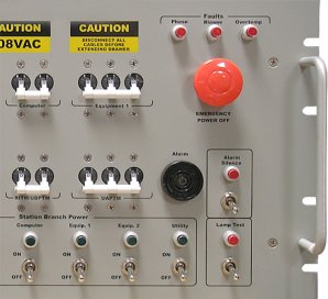 Photo closeup of a PDU control panel feature EPO, breakers, and manual outlet switches.