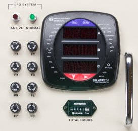 A photo of a PDU control  panel with an advanced power quality meter.