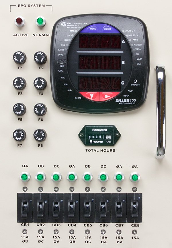 A photo ofa PDU control panel with a power meter.