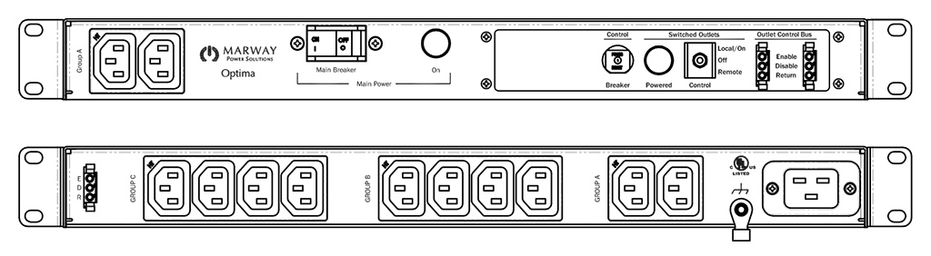 Product layout of front and back panels for Marway's MPD-520051-000 Optima PDU.