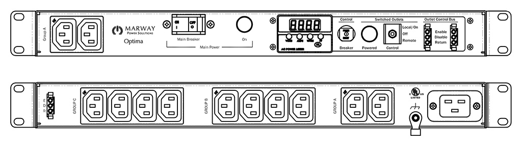 Product layout of front and back panels for Marway's MPD-520056-000 Optima PDU.