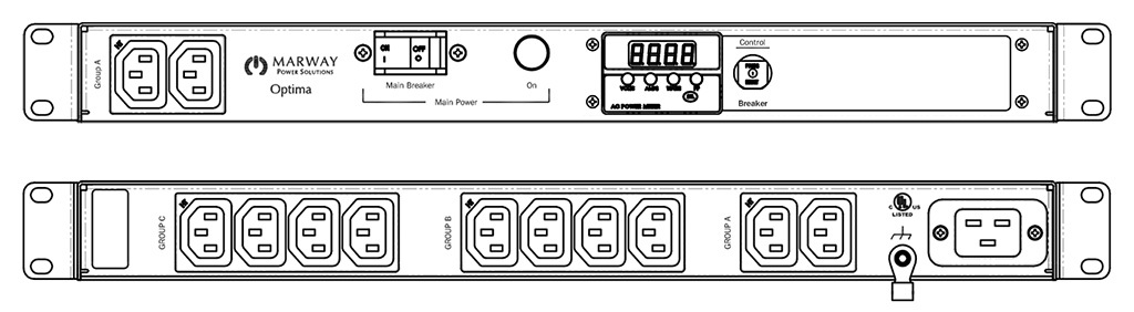 Product layout of front and back panels for Marway's MPD-520055-000 Optima PDU.